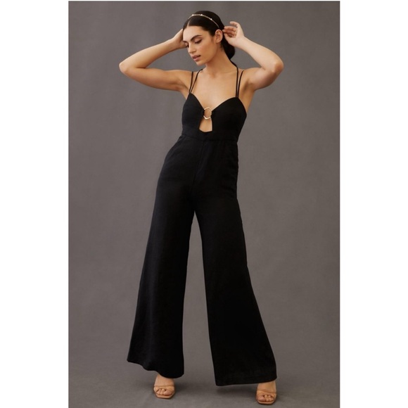 Anthropologie Rumer Byron Black Linen Ring Detail Corset Jumpsuit - Picture 1 of 5